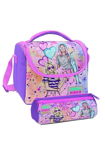 Coral High Set de geanți de prânz cu izolație termică și suport pentru stilouri pentru fete, roz violet