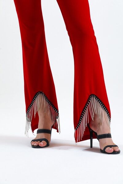 Sense Waist Belted Row Stone Chain Detailed Scuba Crepe Evening Dress Trousers| Pnt34307 Red