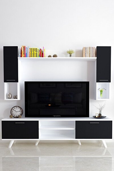 Moonlife İstanbul Dolaplı Kapaklı Tv Ünitesi Beyaz Siyah