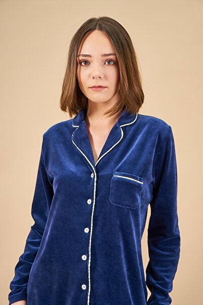 PJS 21857 Kadın Düğmeli Yakalı Kadife Pijama Takım