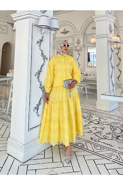 PİNK FLY Stone Detailed Floor-Length Scallop Hijab Set Yellow