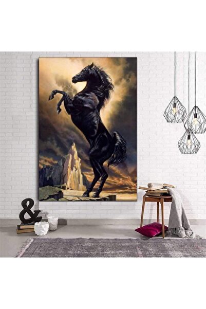 Resimli Tablo Yağlı Boya Görünümlü Şaha Kalkmış Siyah At Kanvas Tablo Premium...