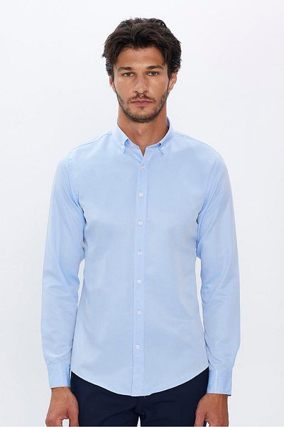 Tudors Ανδρικό Μπλε Slim Fit πουκάμισο - Μακρυμάνικο, Εύκολο Σιδέρωμα, Γιακάς με Κουμπιά