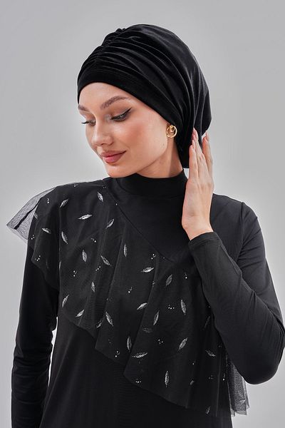 MAG FASHİON Winter Velvet Black Hijab Bonnet Elastic Drawstring Detailed Bonnet Sports Bonnet Practical Shawl