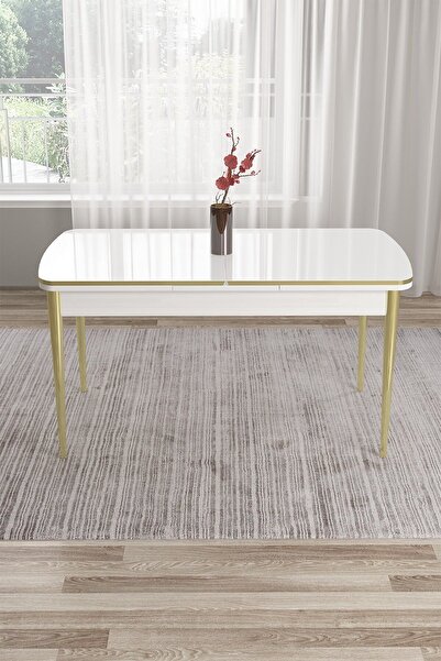 Canisa Pale Serisi 80x132 Açılabilir Beyaz Mutfak Masa Takımı 4 Krem Sandalye Gold Detay