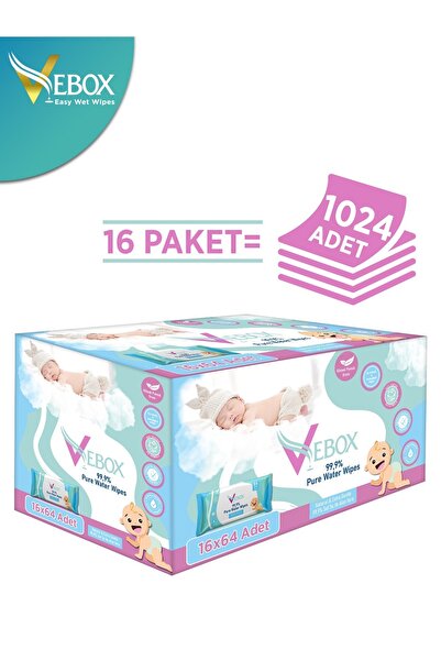 VEBOX Pure Water Wipes 64'lü x16 (1024 Yaprak) Yenidoğan Islak Bebek Bakım Havlusu