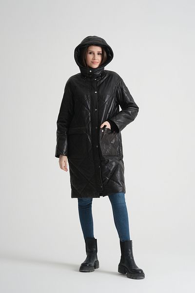 By Marki Marki Black Genuine Leather Puffer Coat - Modern Design, Hooded, Zippered with Snap Fasteners - 114222