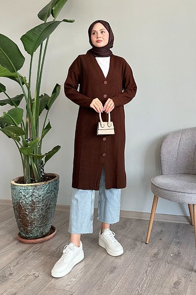 InStyle Ζακέτα με ραβδώσεις Bitter Brown Knitwear - Μακριά με κουμπιά
