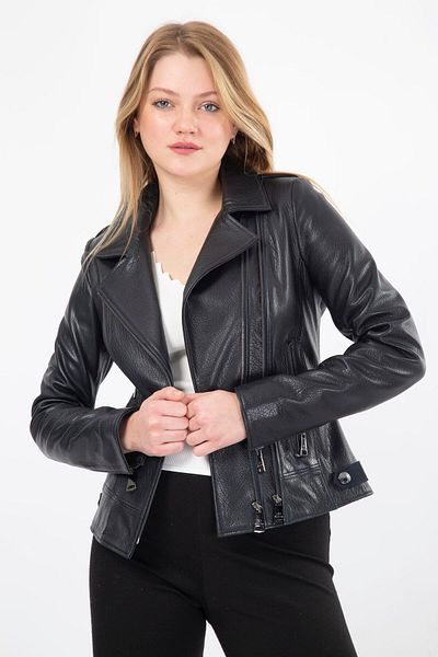 By Marki Marki Navy Blue Women's Genuine Leather Coat - Double Breasted Collar and Zipper, 57 cm - 10030905