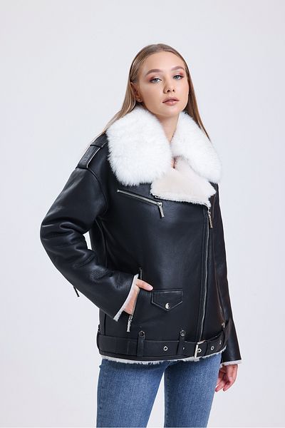 By Marki Marki Genuine Furry Black Oversize Leather Jacket - Special Fur Collar, Belt, Luxury Design - 112022