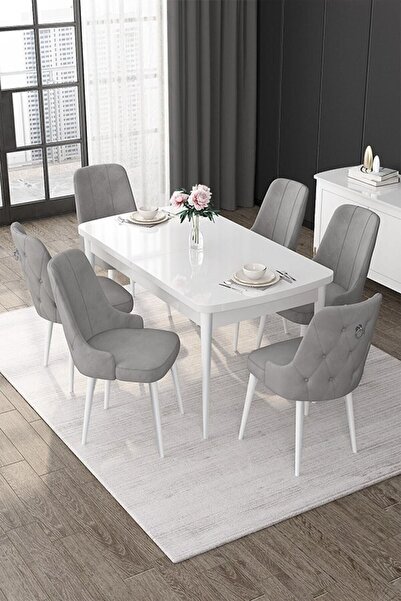 Canisa Nex Serisi 80x132 Açılabilir Mdf Siyah Mermer Desen Masa Takımı ve 6 L...