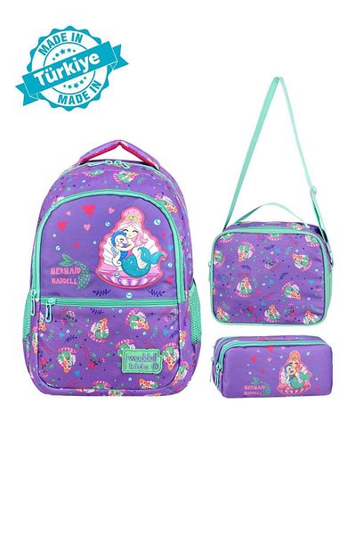 Waddell Model sirena licențiat - Rucsac și cutie de prânz pentru școala primară pentru fete, trusa cu 2 buzunare