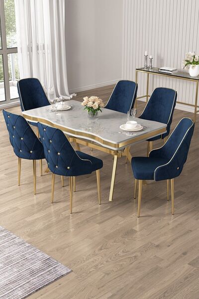 Canisa Vae Serisi 90x160 Lak Panel Beyaz Mermer Desen Gold Ayak Masa Takımı 6...