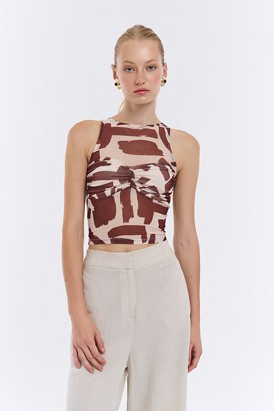 Quzu Brown Crop Tulle Blouse - Gather Detailed