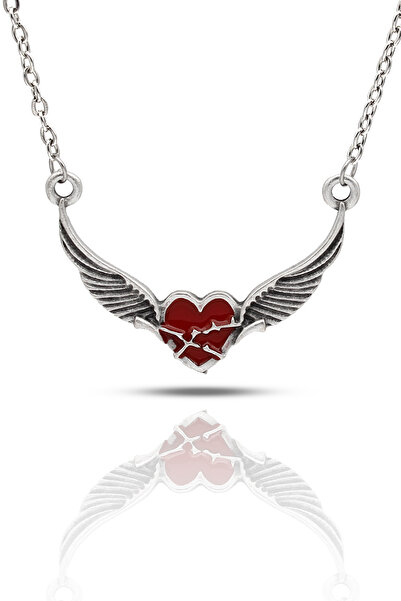 kolbi Kanatlı Kırmızı Kalp Gotik Kolye - Mineli Antik Gümüş Kaplama Klasik Zi...