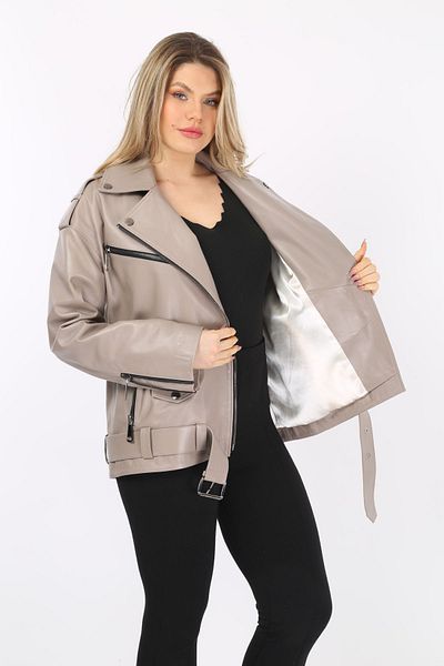 By Marki Marki Genuine Leather Beige Coat, Double Breasted Lapel, Women's Leather Jacket, Oversize with Belt, 70 cm Length