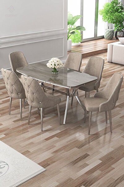 Canisa Asel Serisi 90x160 Lak Panel Antrasit İroni Krom Ayaklı Masa Takımı ve...