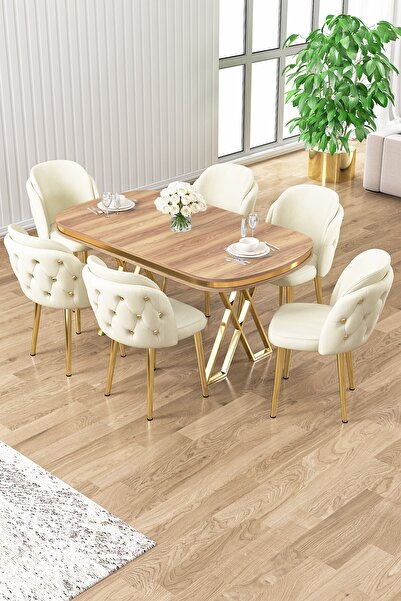 Canisa Zae Serisi 90x168 Lak Panel Hazar Gold Ayak Masa Takımı 6 Krem Sandalye