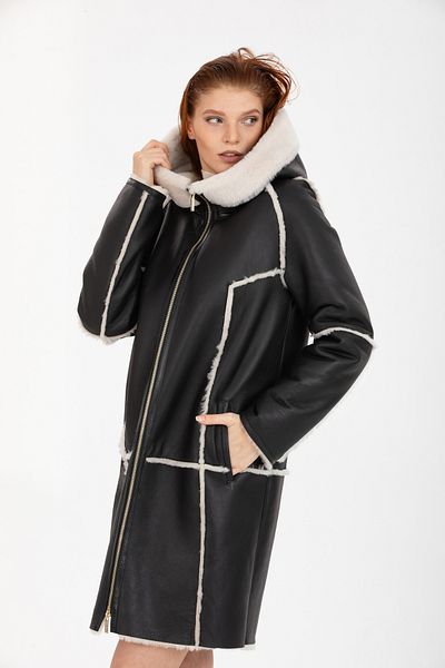 By Marki Marki Genuine Leather Black and White Fur Hooded Long Women's Coat - 113422
