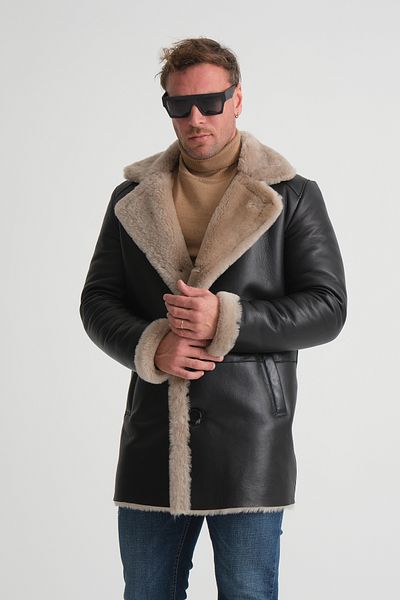 By Marki Marki Luxury Men's Leather Coat, 90 cm Length, Genuine Fur Collar, Premium Black Outerface -500522