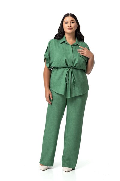 DISENTIS MODEST Green Plus Size Shirt and Trousers Set - Half Sleeve