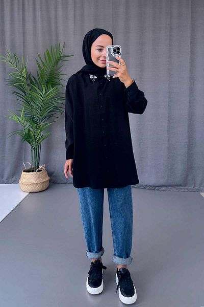 Ka Hijab Black Hijab Shirt with Stone Detail