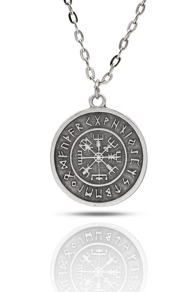 kolbi İskandinav Vegvisir Viking Pusula Kolye - Antik Gümüş Kaplama Klasik Zi...