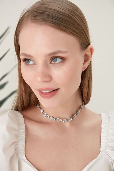 Furtek Aksesuar Women's Helena Crystal Zircon Stone Model Silver Evening Dress Wedding Engagement Promise Henna Bride Daily Choker