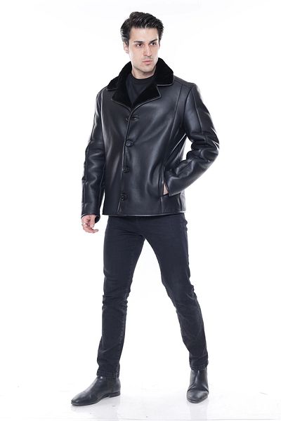By Marki Marki Men's Black Leather Coat - Wide Collar and Button Detail 500322