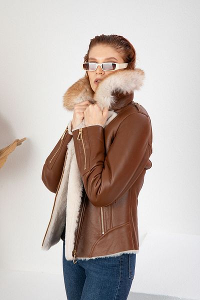 By Marki Marki Brown Genuine Leather Jacket, Double Breasted Women's Leather Jacket, Fur Collar, Beige Fur Inside -113522