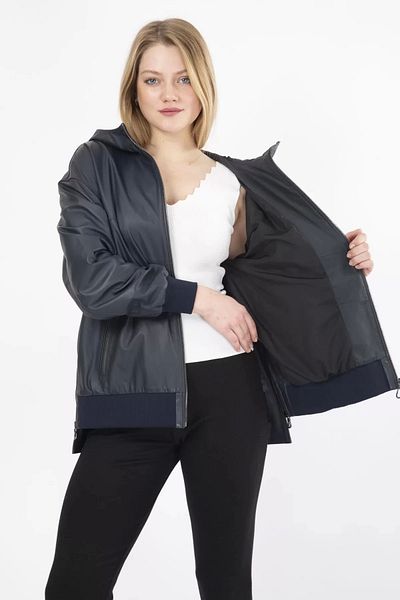 By Marki Marki Navy Blue Oversize Sports Leather Coat - Hooded, Spring 11033501