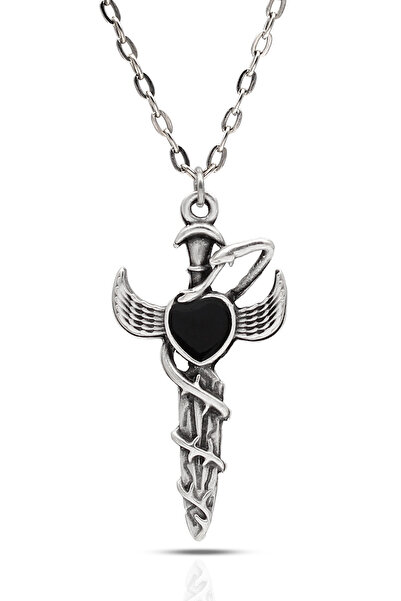 kolbi Black Gothic Sword Necklace with Heart - Antique Silver Chain