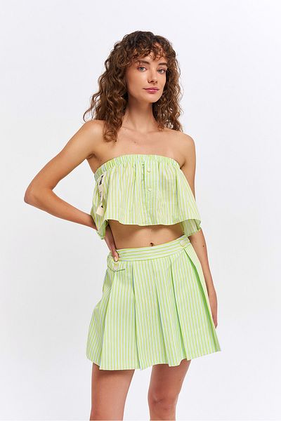 Quzu Green Striped Blouse and Shorts Skirt Set