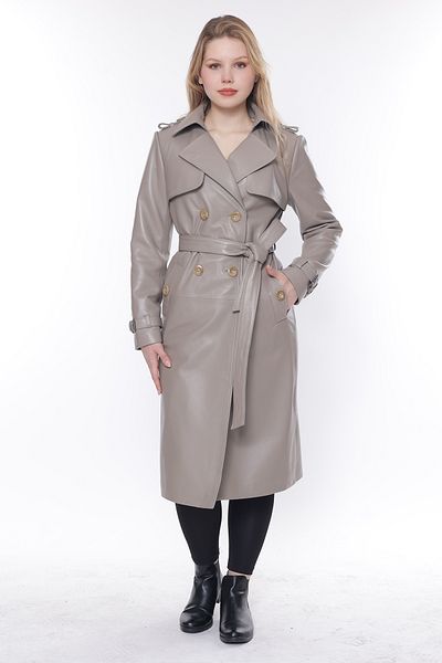 By Marki Marki Beige Colored Genuine Leather Women's Trench Coat - Wide Collar, Belt and Button Detail - 111222