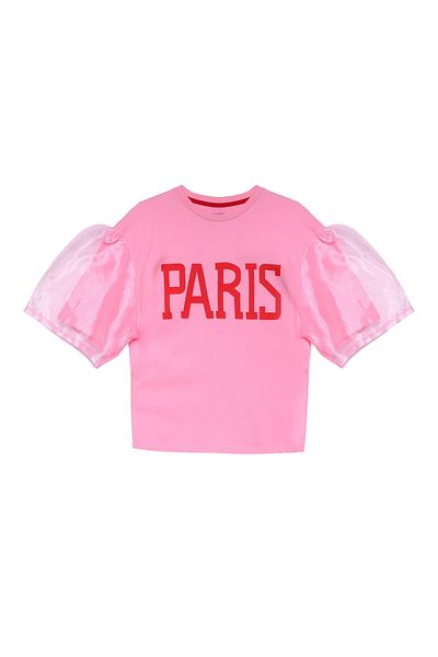 Quzu Pink Organza T-Shirt - Tulle Sleeve Detailed Text