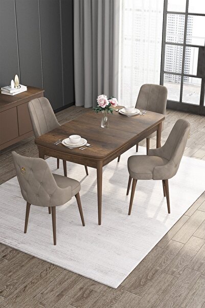 Canisa Noa Serisi 80x132 Açılabilir Mdf Barok Ahşap Desen Masa Takımı 4 Cappucino Sandalye