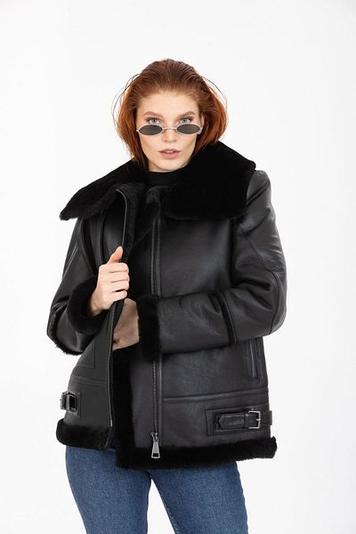 By Marki Marki Black Vintage Furry Leather Coat - Turtleneck, Oversize Model - 105222