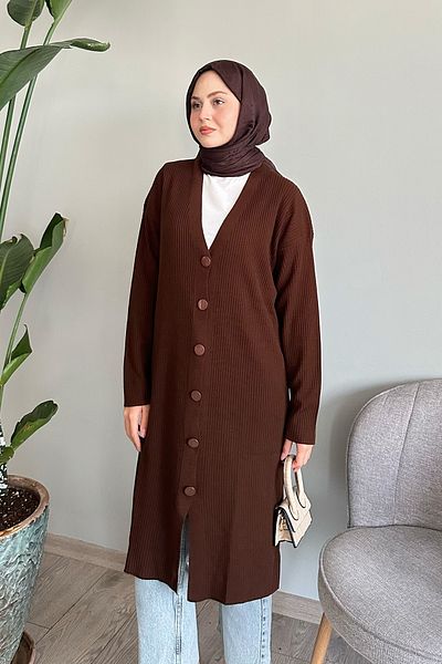 InStyle Ζακέτα με ραβδώσεις Bitter Brown Knitwear - Μακριά με κουμπιά