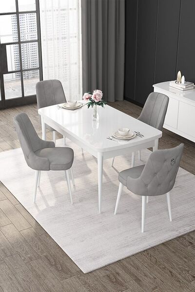 Canisa Nex Serisi 80x132 Mdf Açılabilir Beyaz Masa Takımı Ve 4 Gri Sandalye