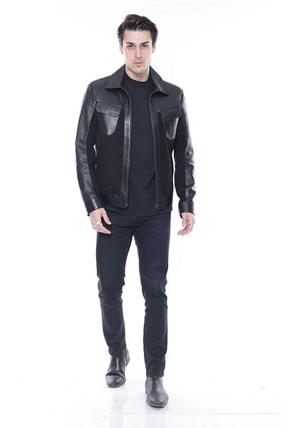 By Marki Marki Men's Suede Leather Jacket - Shirt Collar, Zippered, Motorcycle Style, Fit Cut - 500122