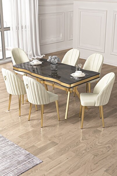 Canisa Pem Serisi 90x160 Lak Panel Antrasit İroni  Gold Ayak Masa Takımı 6 Kr...