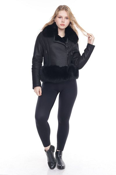 By Marki Marki Genuine Fur Crop Coat - Leather Detailed, Furry Skirt and Collar - 109722