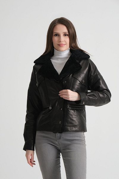 By Marki Marki Women's Leather Coat - Genuine Leather Inflatable, Short Crop Model, Fur Double Breasted Collar, 57 cm