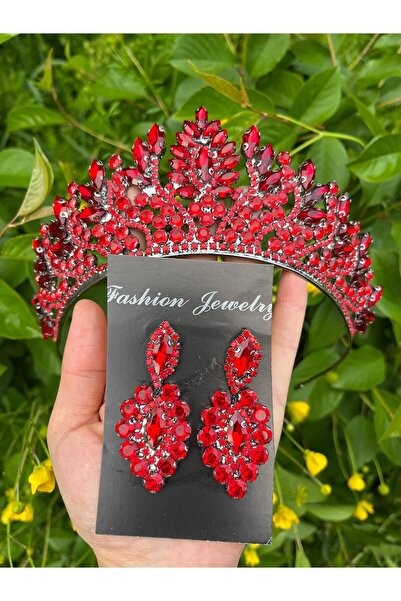 ANZE Kırmızı Gelin Tacı seti Kristal Taşlı taç ve küpe