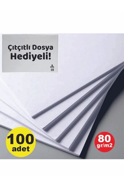 ADASRA A4 Kağıt 100'lü + Çıtçıtlı Dosya Hediyeli 80 gr Kaliteli Beyaz Fotokopi Kağıdı