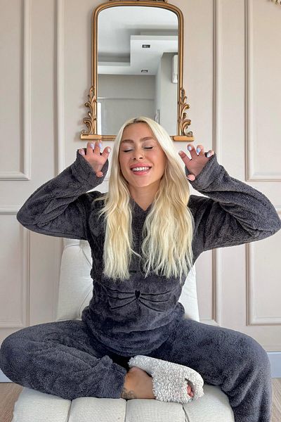 Pijamaevi Meow Patterned Anthracite Full Plush Pajama Set