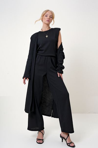 Trend Alaçatı Stili Black-Striped Women's Set - Shoulder Padding, Crew Neck, Trousers and Cardigan Alc-X4710