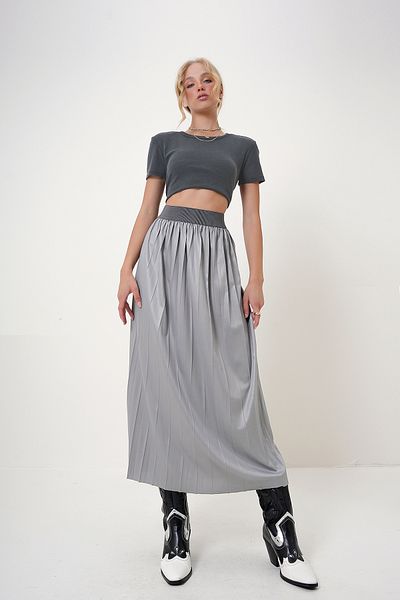 Trend Alaçatı Stili Hellgrauer Damenrock – elastische Taille, plissiert ALC-X12731