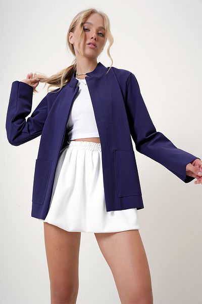 Trend Alaçatı Stili Námořnická modř Judge Collar dámská bunda – dvojitá kapsa, Diver Alc-X12499