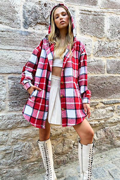 Trend Alaçatı Stili Red-White Plaid Patterned Oversize Women's Shirt Jacket - Hooded Alc-X12658